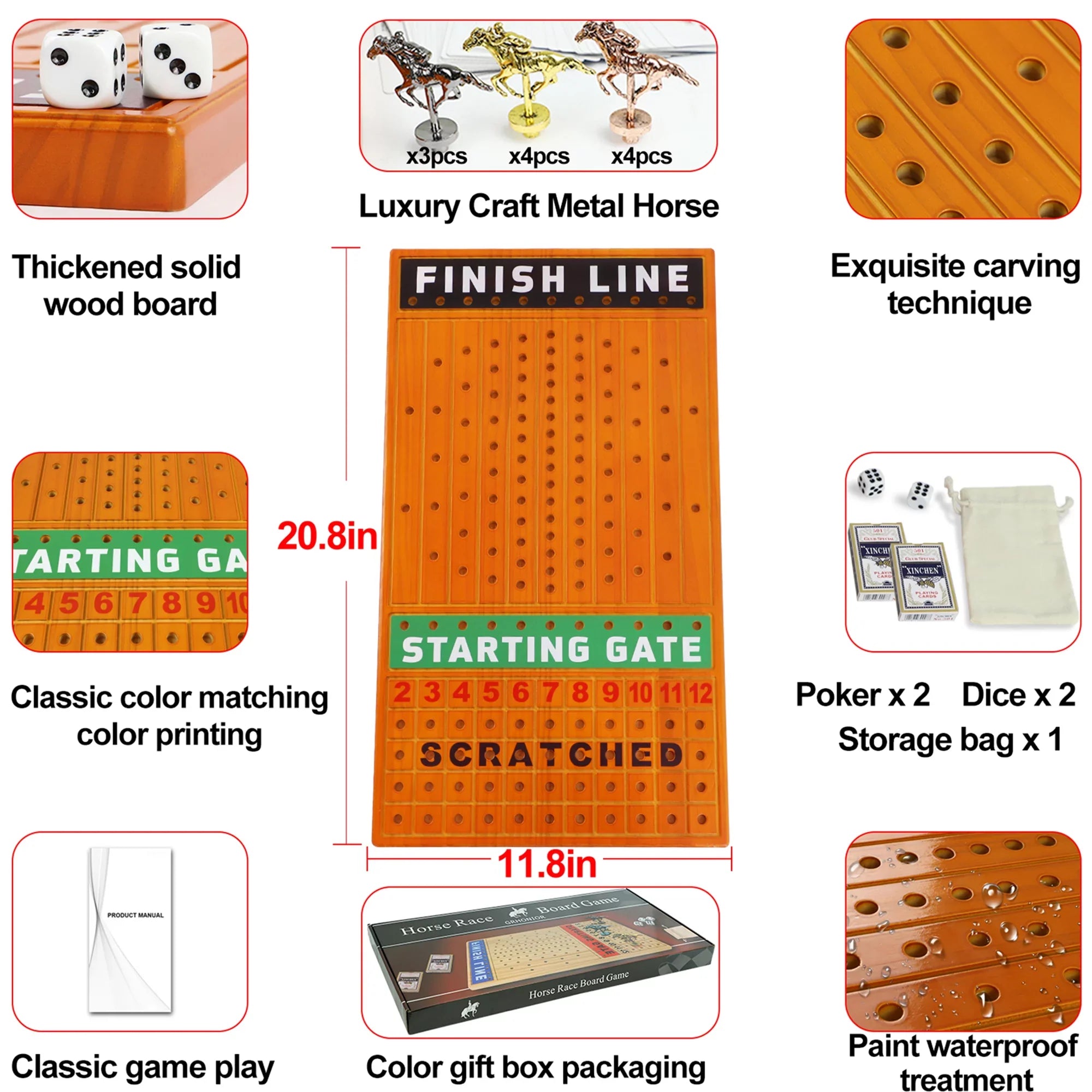 Horse Race Board Game Racing Game Thickened Pine with 11 Luxurious Durable Classic Metal Horses with 4 dice and 2 Boxes of Cards Across Finish Line Horse Racing Game