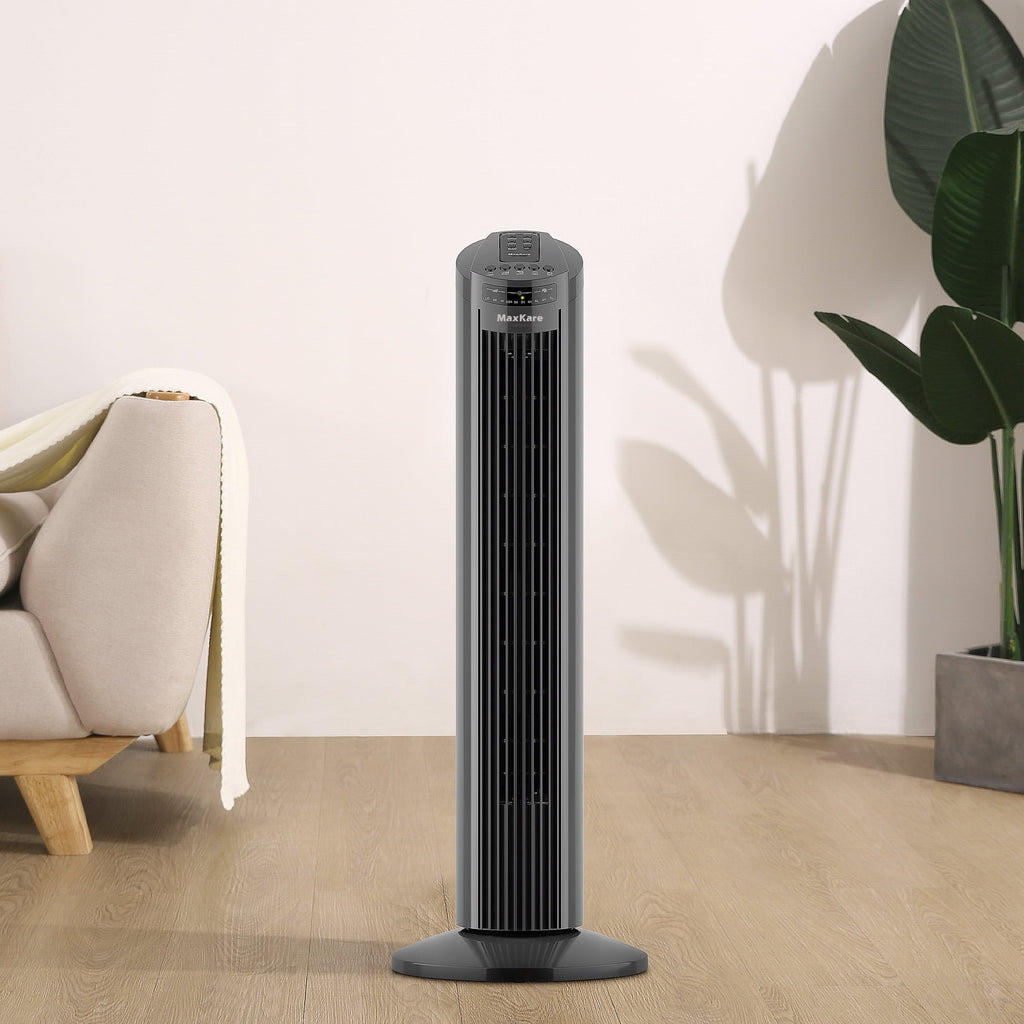 MaxKare 30" Tower Fan 120° Oscillating Fan 60dB Quiet Cooling Fan with Remote Control 3 Speeds 3 Wind Modes Timer for Bedroom, Dark Gray