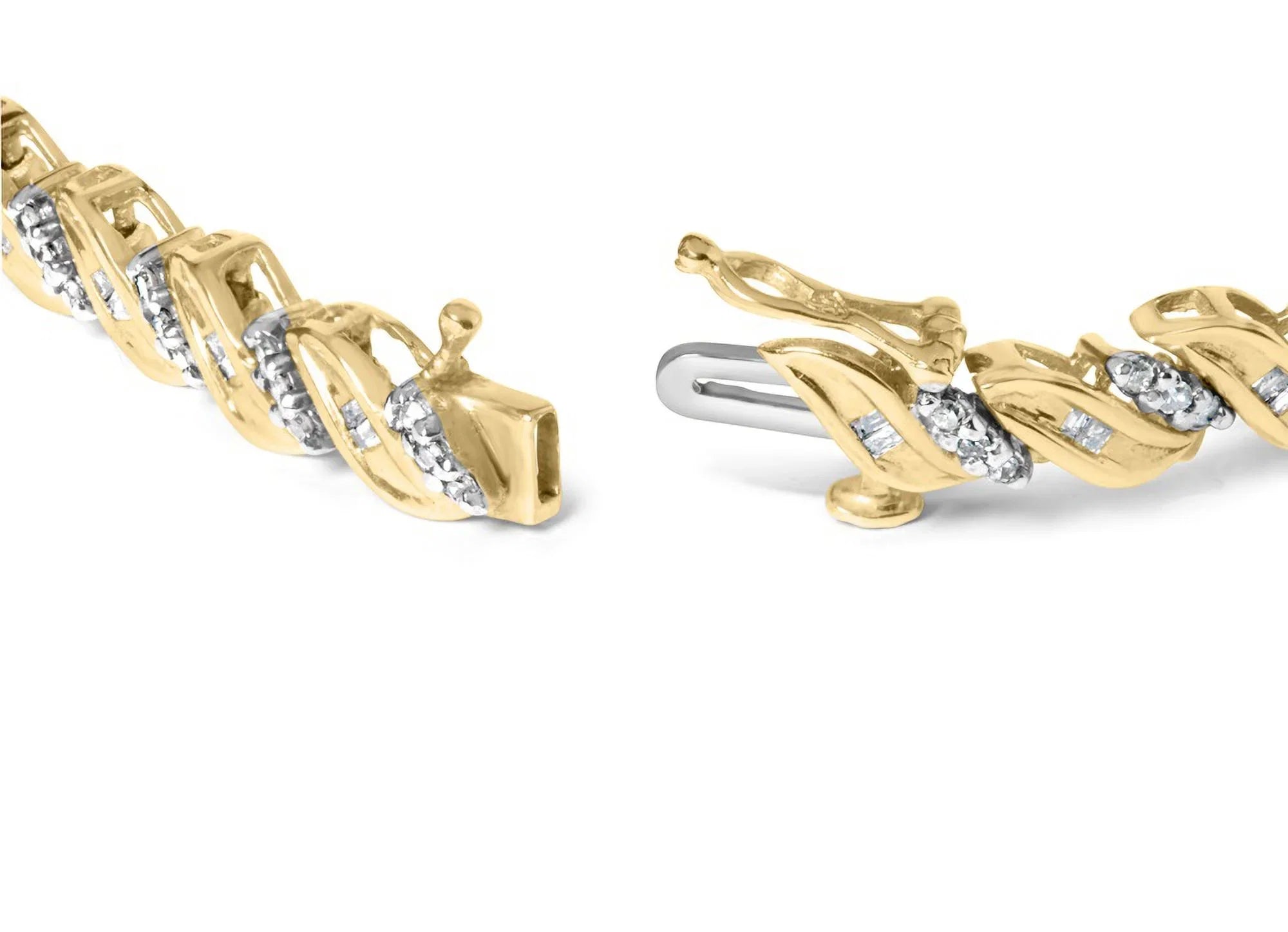 Haus of Brilliance 10k Yellow Gold 1.00 Cttw Womens Round Cut and Baguette Cut Diamond S-Link 7.25" Box Clasp Prong Bracelet (I-J Color, I2-I3 Clarity)