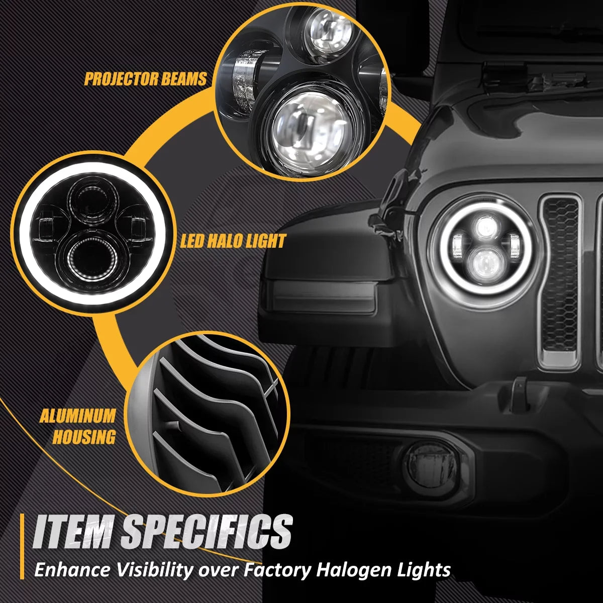 NUVISION LIGHTING NVL-HL-001H Nuvision For 1997 to 2018 Jeep Wrangler/Wrangler JK TJ LJ CJ 2Pcs 7 inches LED Halo DRL Projector Black Housing Headlights 13 14