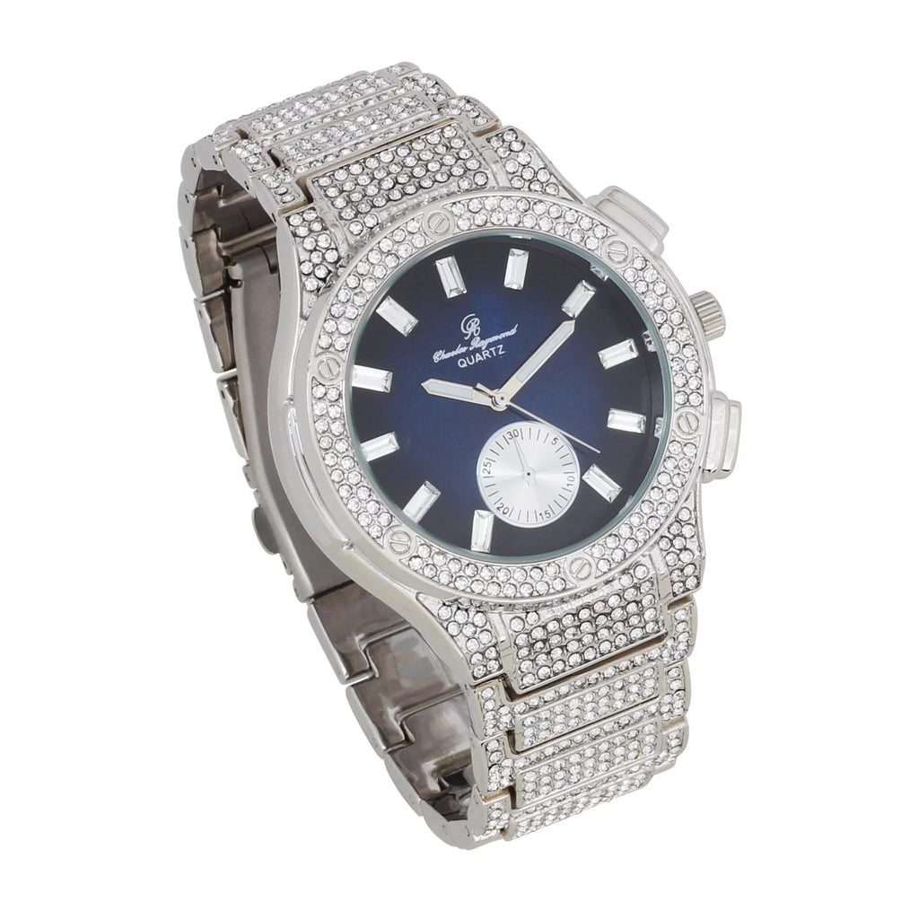 Charles Raymond Big Bling Watch Inspired by Hip Hop - Men's Iced Out Timepiece- Diamond Rhinestones on Blast - ST10311 MB SLV Blue -C
