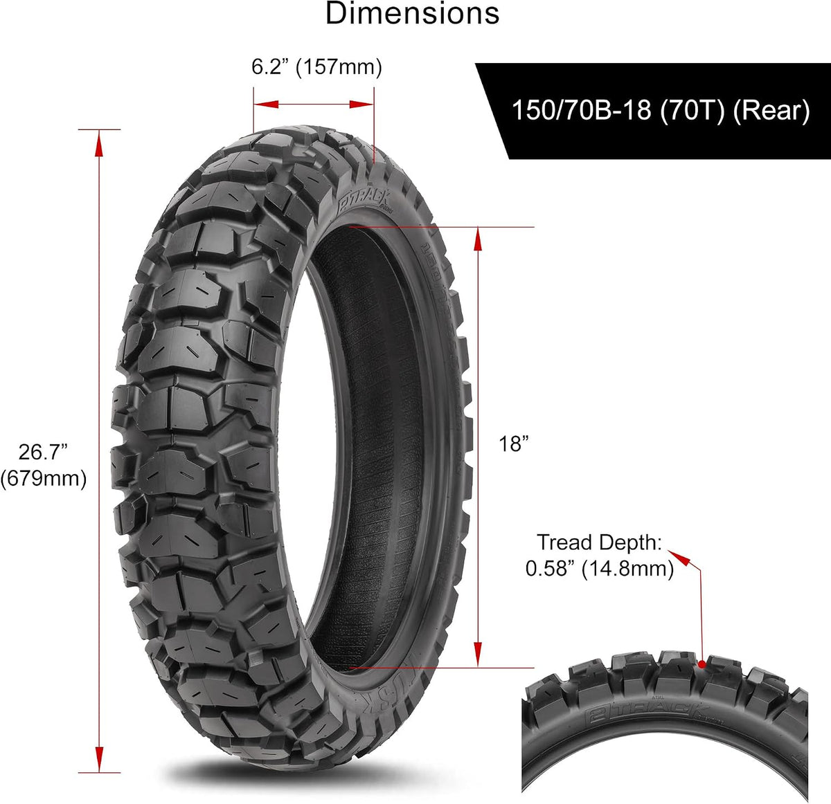 Tusk 2Track Adventure Tire Rear 150/70B-18 (70T) â Dual-Sport Motorcycle Tire, Directional Knobby Tread, Durable Bias Construction, DOT Compliant
