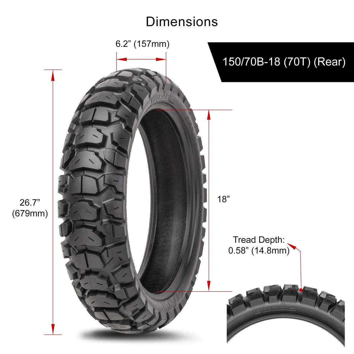 Tusk 2Track Adventure Tire Rear 150/70B-18 (70T) â Dual-Sport Motorcycle Tire, Directional Knobby Tread, Durable Bias Construction, DOT Compliant