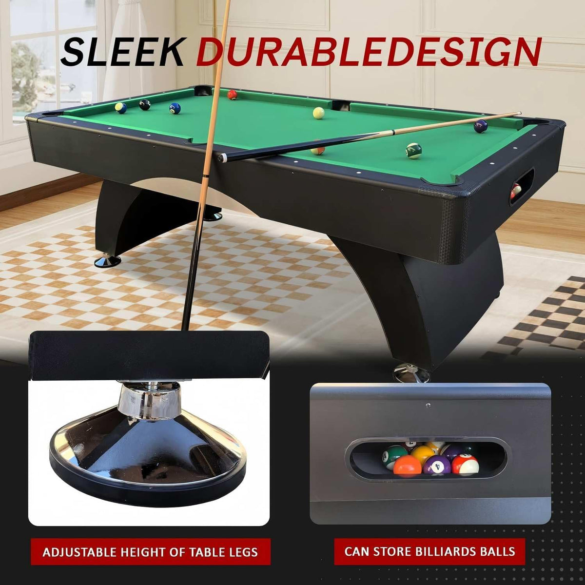 7FT Pool Table with Automatic Ball Return, Modern Arched-Leg Billiards Table with Durable Matte-Black Finish and Complete Accessories for Family Game Room & Recreation Space