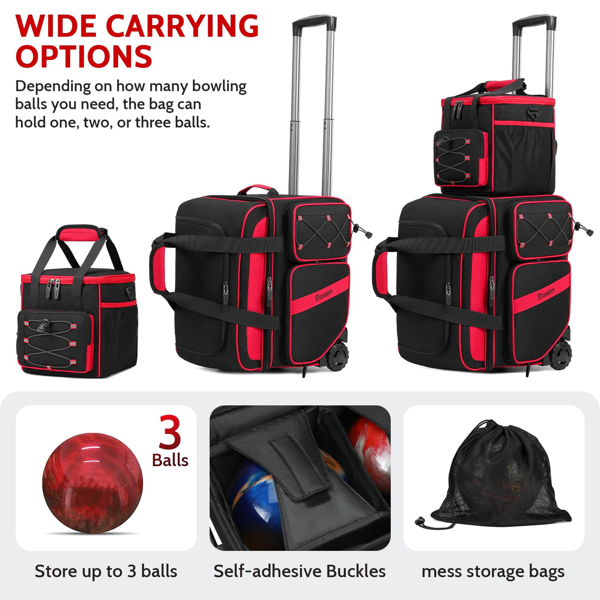 BOSSTIN 3 Ball Bowling Bag with Wheels, 2 Ball Roller with Add-on Tote