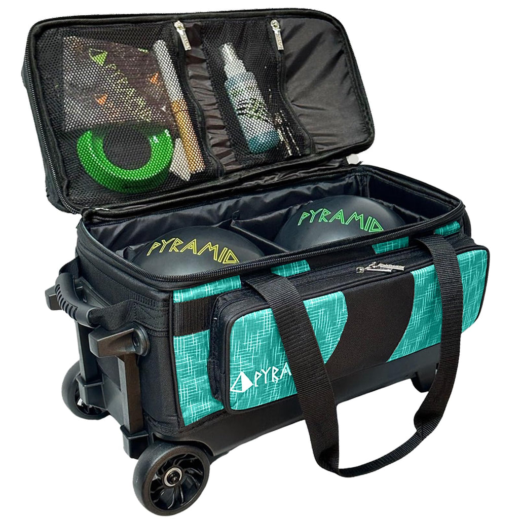 Pyramid Deluxe Double Roller 2 Ball Bowling Bag with Large Separate Shoe Compartment (Up To 2 Pairs Of Shoes) and Accessory Pockets, Sturdy Square Handle - Extends to 40" - Pro Options Available