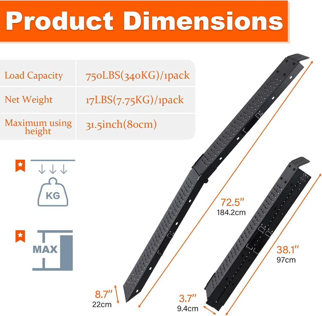 72.5" Heavy Duty Folding Loading Ramps with Sandblasted Finish, 1500lb Capacity, Ideal for Motorcycles, Lawn Mowers, ATVs, UTVs, and More â Pack of 2 with Safety Straps and Gloves