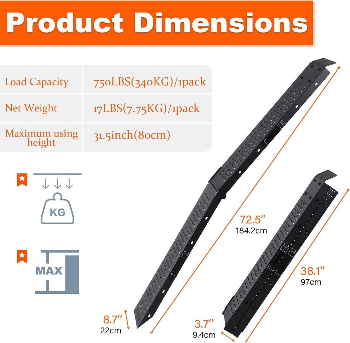 72.5" Heavy Duty Folding Loading Ramps with Sandblasted Finish, 1500lb Capacity, Ideal for Motorcycles, Lawn Mowers, ATVs, UTVs, and More â Pack of 2 with Safety Straps and Gloves