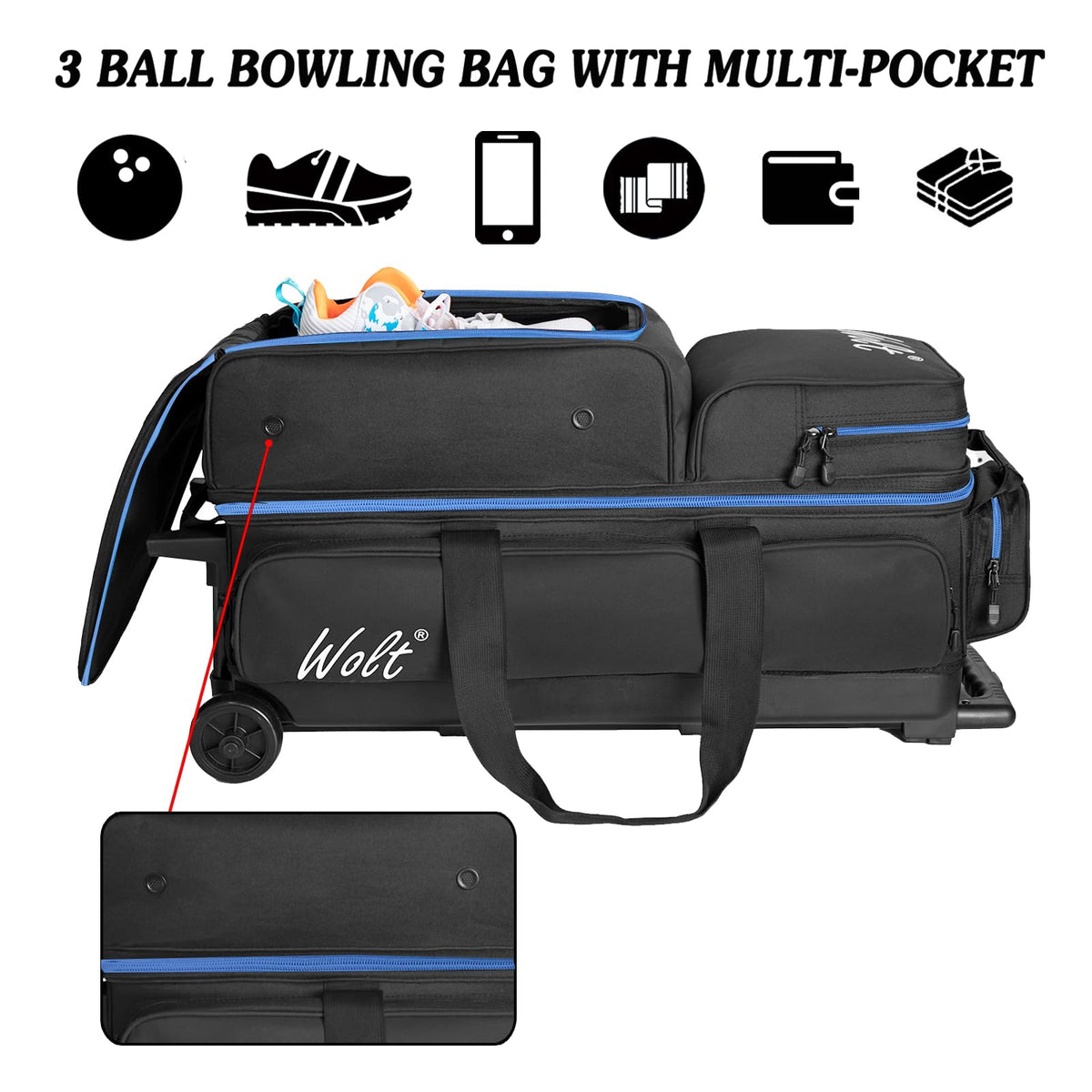 WOLT 3 Ball Bowling Bags with Wheels,Retractable Handle Extends to 38ââ