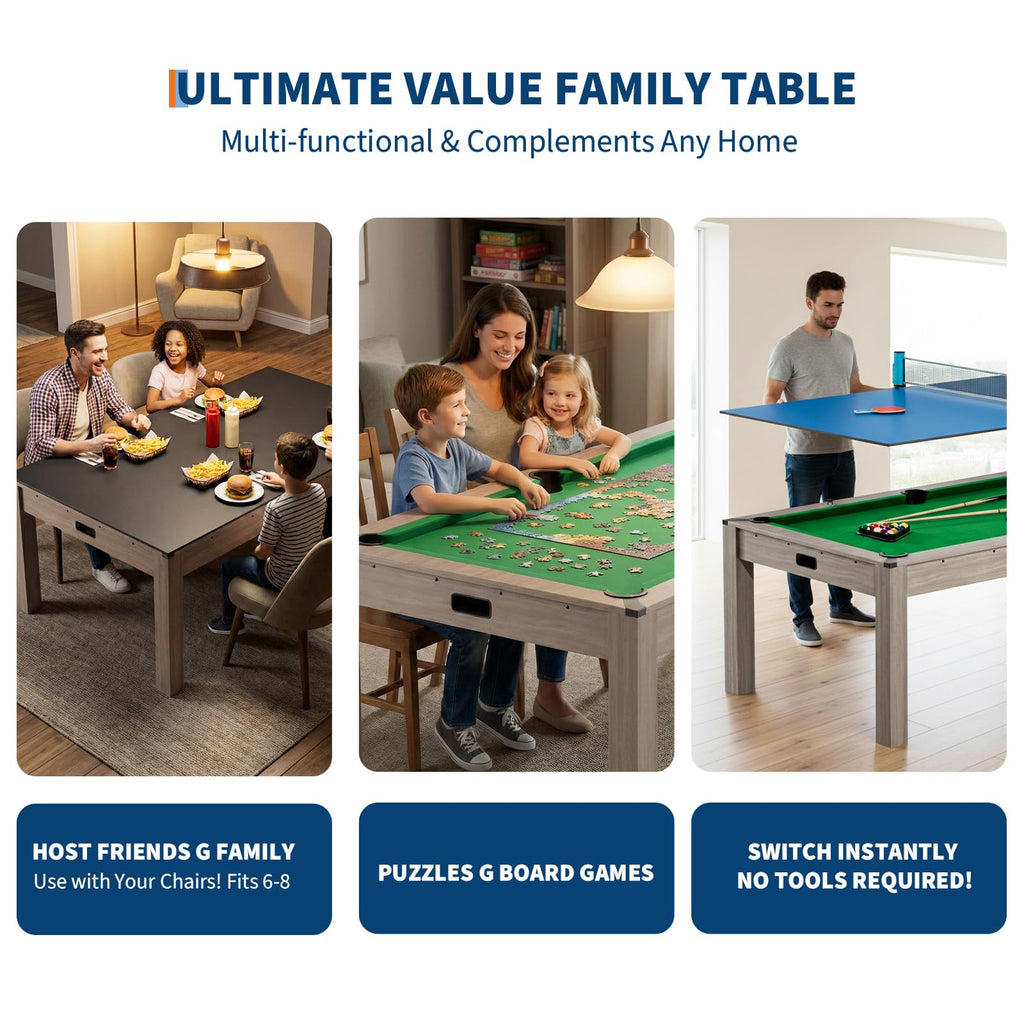 7 ft Pool Table Combo,3 in 1 Pool, Dining, & Table Tennis