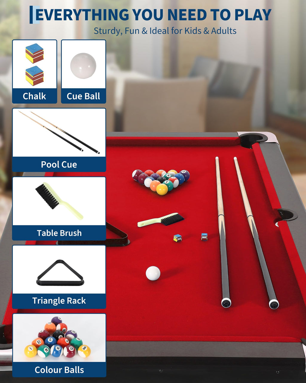 6,7 Foot Foldable Pool Table, Portable Billiards Table for Adults with Full Accessories Set, Mesa De Billar Includes 16 Balls, 2 Cue Sticks, Chalk, Rack & Brush, Game Room Table for Home