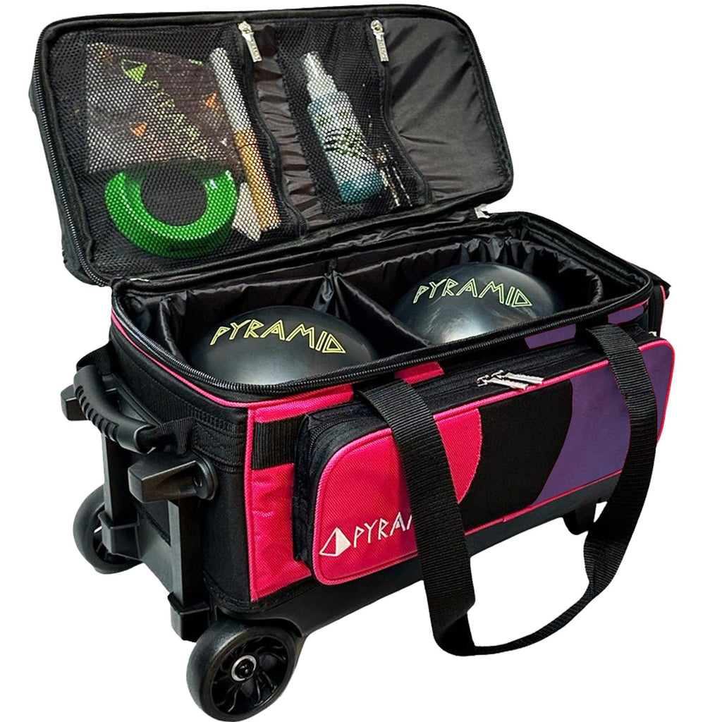Pyramid Deluxe Double Roller 2 Ball Bowling Bag with Large Separate Shoe Compartment (Up To 2 Pairs Of Shoes) and Accessory Pockets, Sturdy Square Handle - Extends to 40" - Pro Options Available