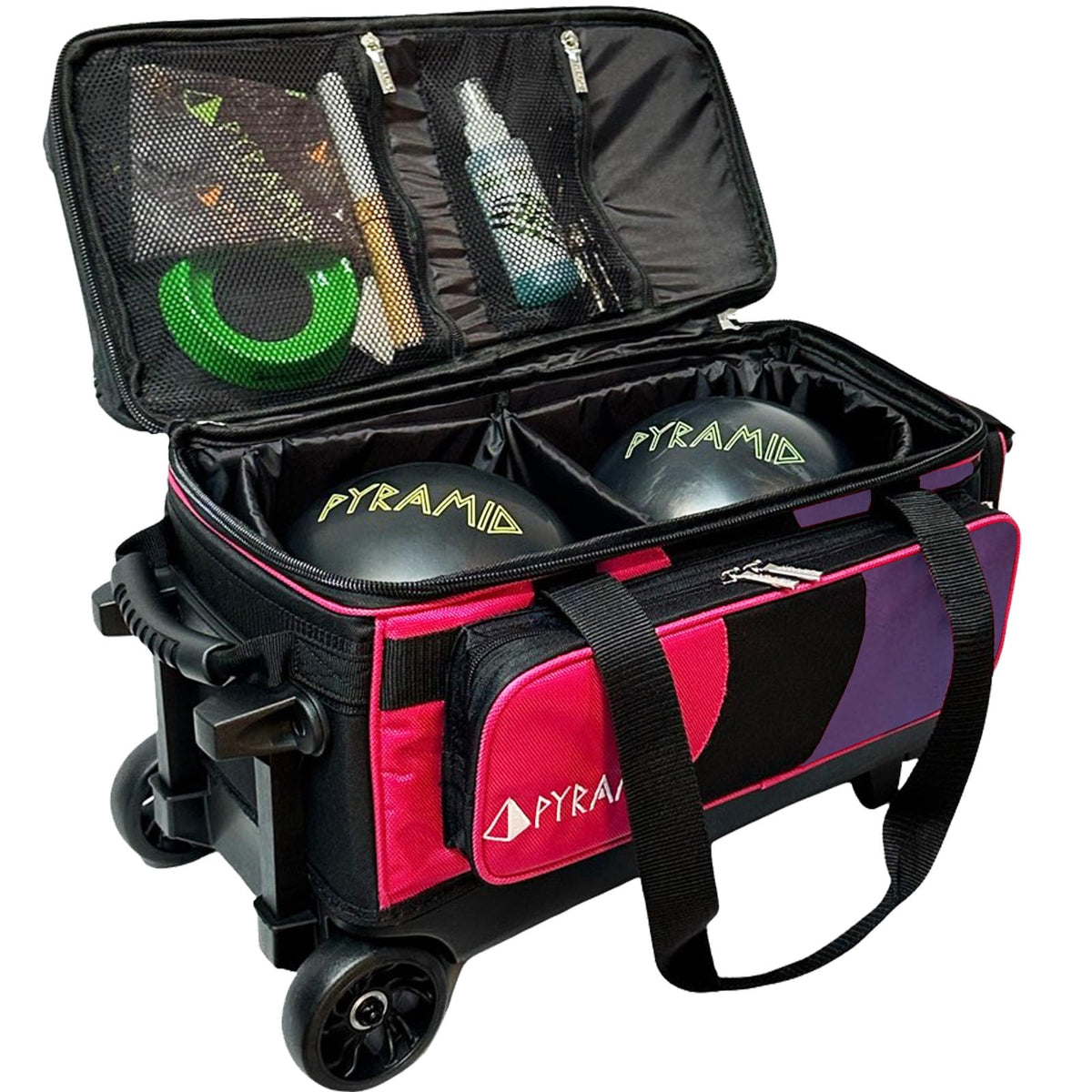 Pyramid Deluxe Double Roller 2 Ball Bowling Bag with Large Separate Shoe Compartment (Up To 2 Pairs Of Shoes) and Accessory Pockets, Sturdy Square Handle - Extends to 40" - Pro Options Available