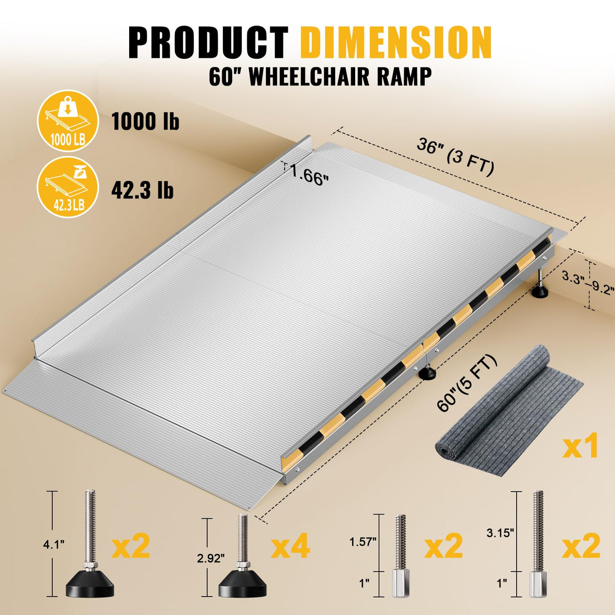 Aluminum Threshold Ramp for Doorways, 48" Ã 36" Wheelchair Ramp for Home, Adjustable for 3.3"â9.2" Step & Threshold Heights, 1000 lb Capacity, Non-Slip Surface, Foldable, for Single Step Entryways