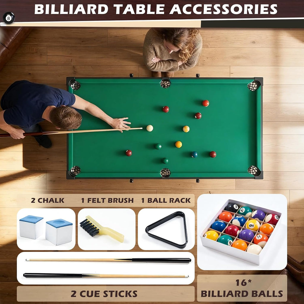 53 Inch Folding Pool Table with Built-in Ball Storage and Cue Clips, Freestanding Billiard Game Table Set for Family Game Room, Includes Cues, Balls, Chalk and Brush