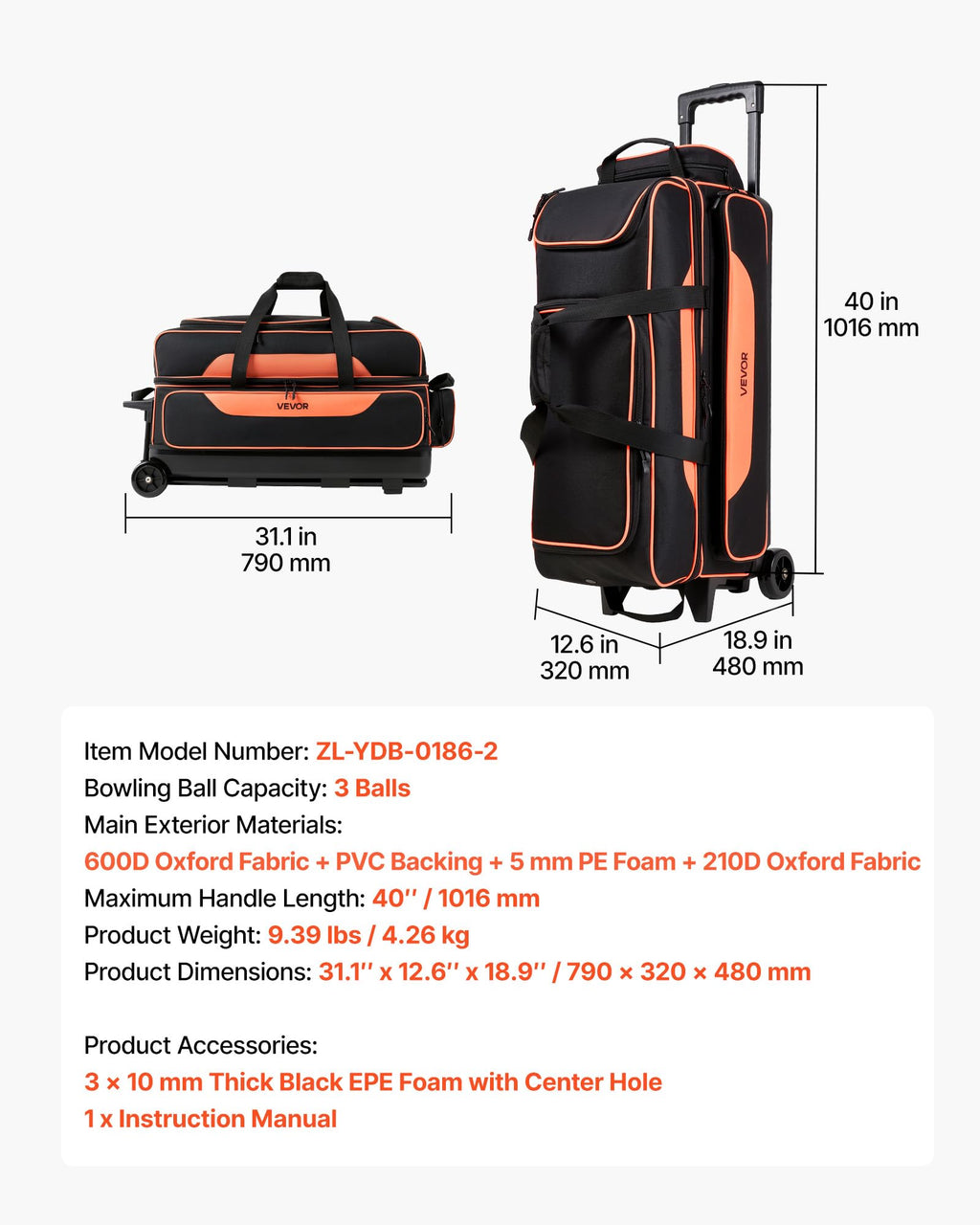 VEVOR 3 Ball Bowling Bag Double Roller Bag with Separate Shoe Compartment