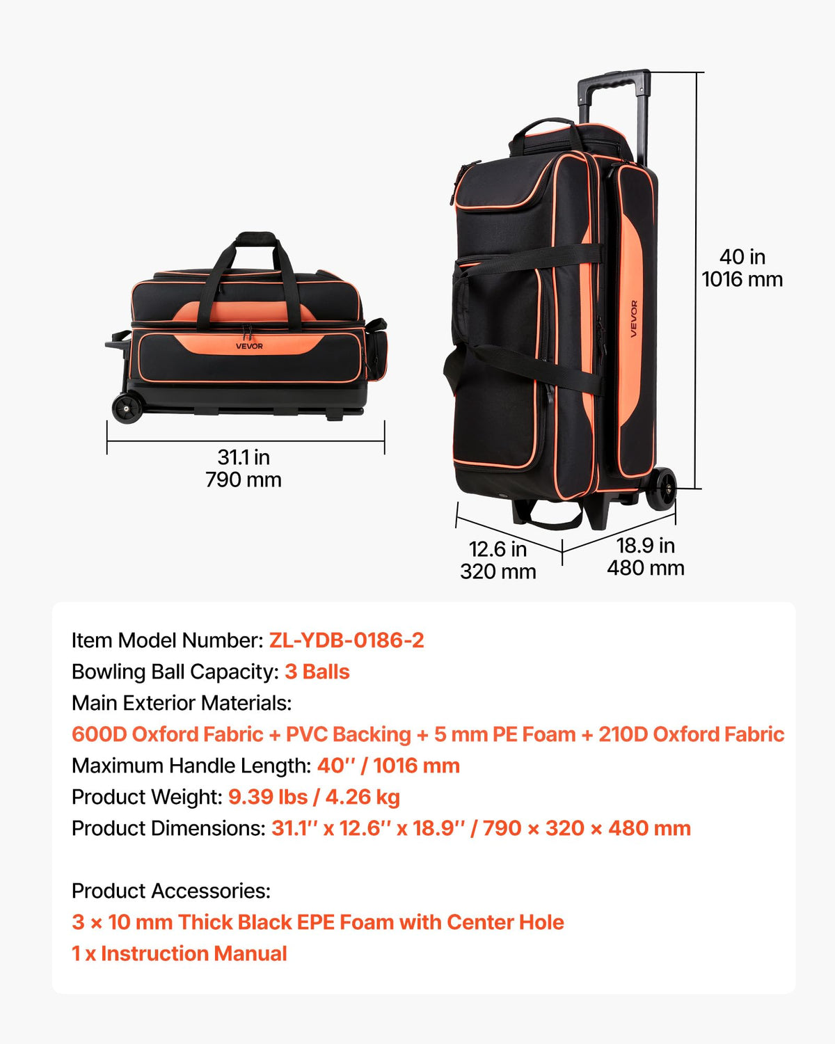 VEVOR 3 Ball Bowling Bag Double Roller Bag with Separate Shoe Compartment