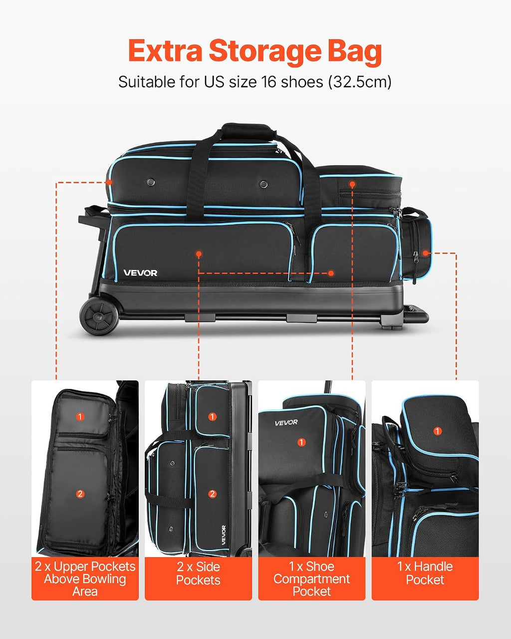 VEVOR Bowling Ball Bag, 3 Ball Double Roller Bowling Bag with Wheels, Featuring a Separate Compartment for Shoes (Up To US Size 16) & Oversized Accessory Pocket, Retractable Handle Extends to 41.34 in