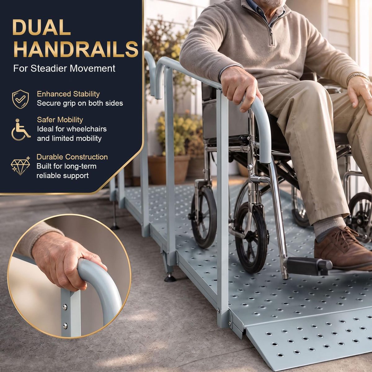 RDCMKL Wheelchair Ramp with Handrails, 3-10" Rise, Non-Slip, Carbon Steel