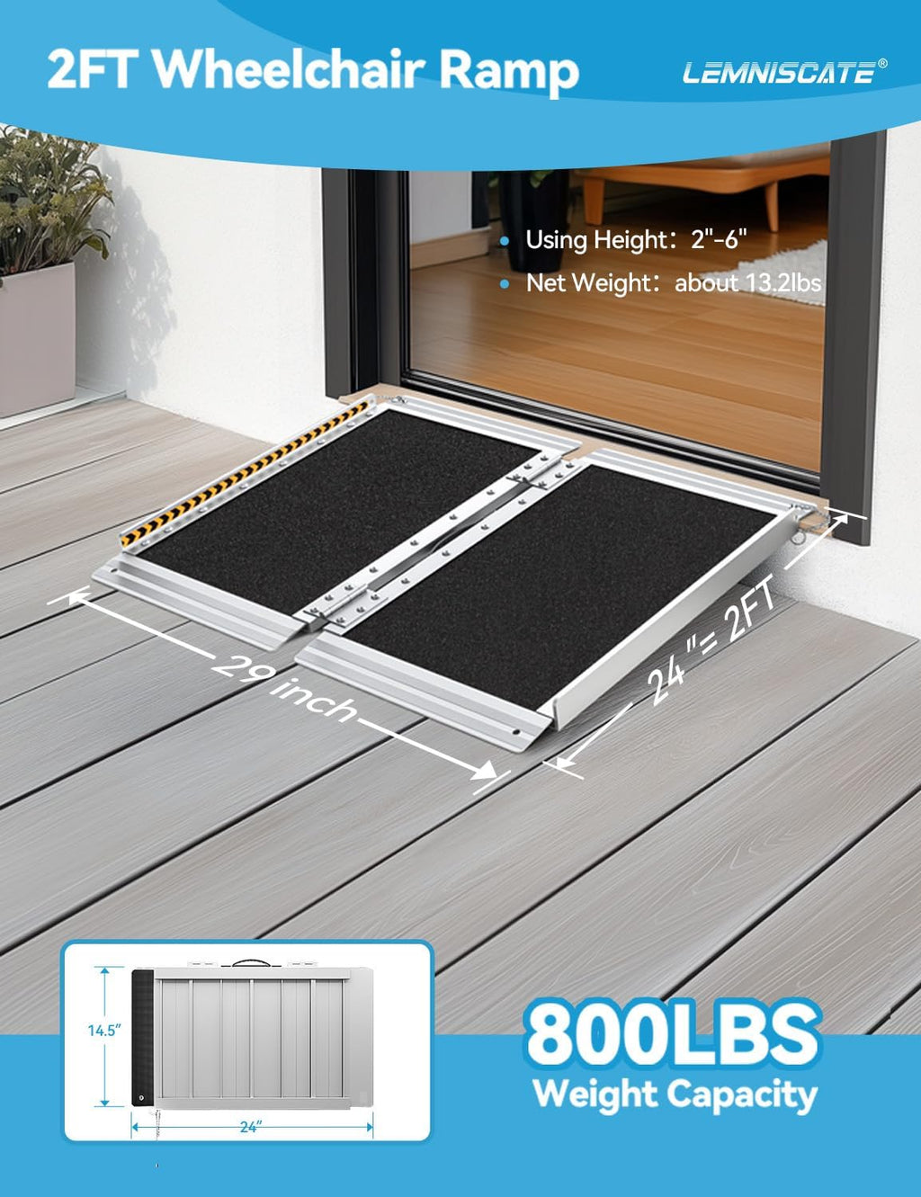 LEMNISCATE 2FT Portable Wheelchair Ramp Aluminum Non-Slip Handicap for Home