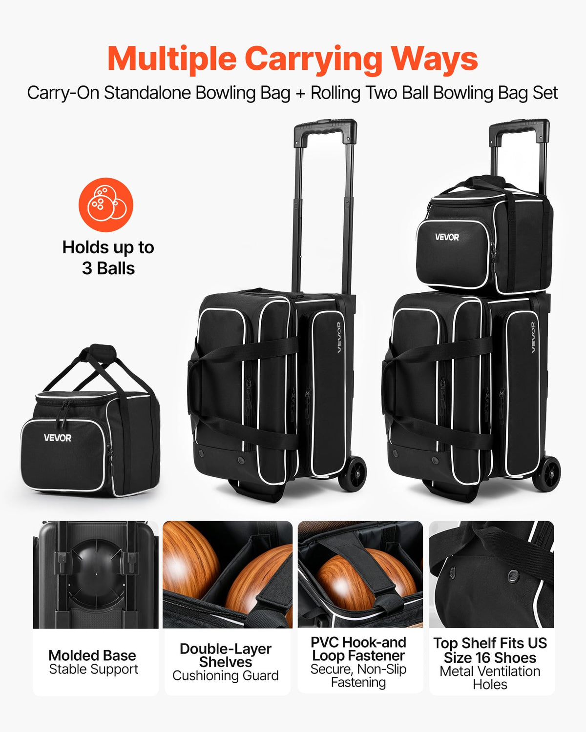 VEVOR 3 Ball Bowling Bag Double Roller Bag with Separate Shoe Compartment