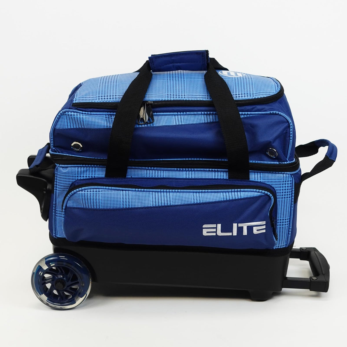 ELITE Deluxe 2 Ball Bowling Bag with 5" Smooth Wheels - Large Accessory Pocket, Shoe Compartment, 36" Extendable Handle