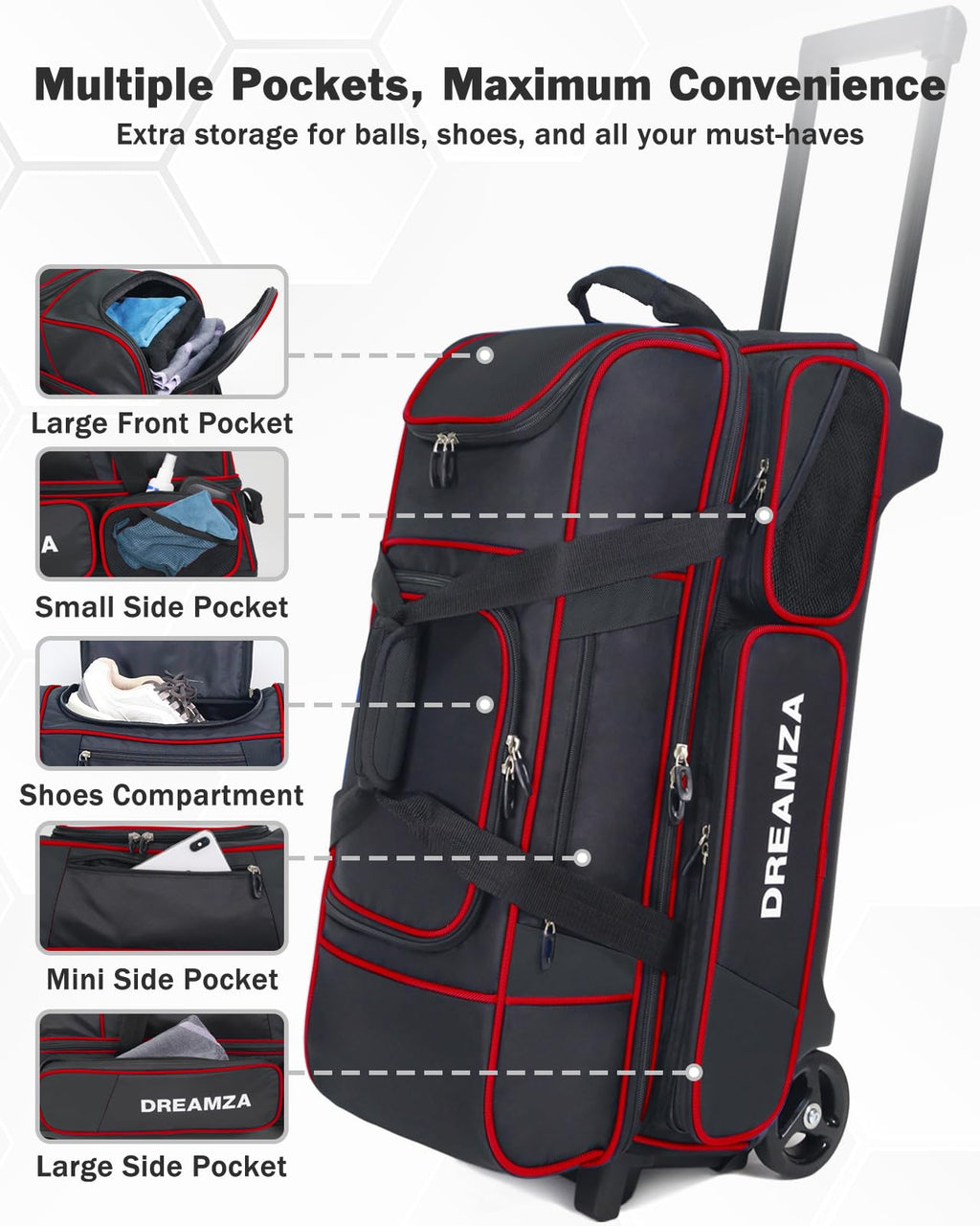 Premium 3 Ball Roller Bowling Bag with Wheels, Large Shoes Pocket