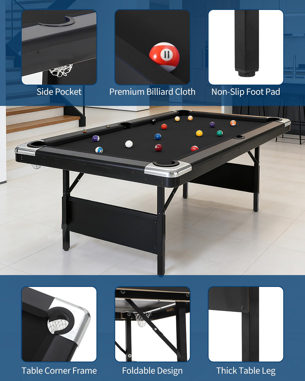 6,7 Foot Foldable Pool Table, Portable Billiards Table for Adults with Full Accessories Set, Mesa De Billar Includes 16 Balls, 2 Cue Sticks, Chalk, Rack & Brush, Game Room Table for Home