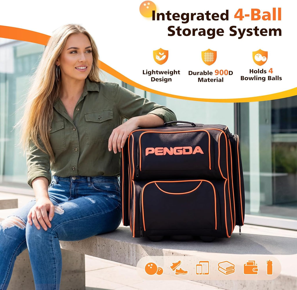 PENGDA 4 Ball Bowling Bag With Wheels, Integrated Single-Chamber 4-Ball System, 900D Reinforced Oxford Bowling Ball Bag, Telescopic Handle Roller Tote Storage Bag for Bowling Accessories and shoes