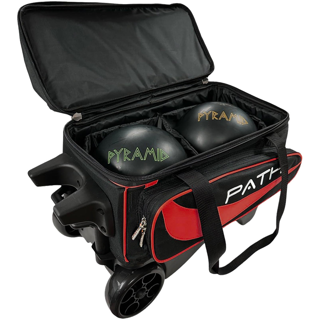 Pyramid Path Premium Deluxe 2 Ball Double Roller Bowling Bag With Large Separate Shoe Compartment (Up To US Mens Size 15) and Oversized Accessory Pocket, Retractable Locking Handle - Extends to 37"