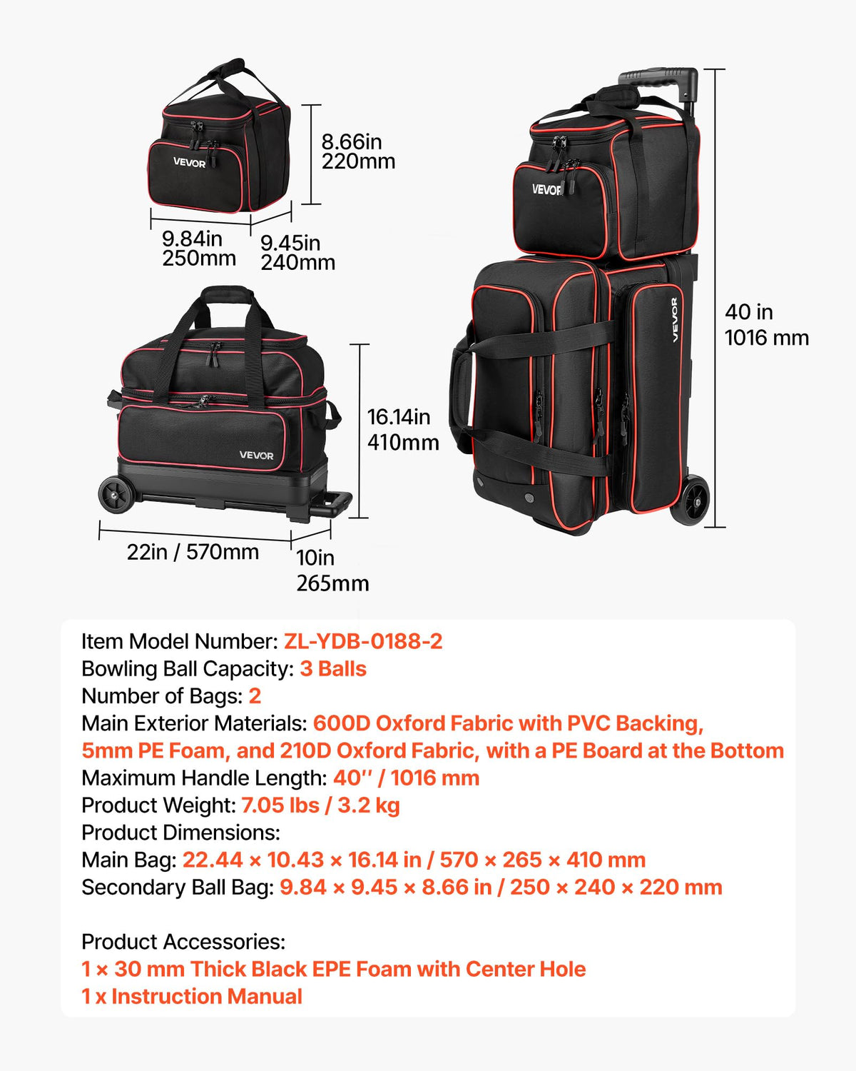 VEVOR 3 Ball Bowling Bag Double Roller Bag with Separate Shoe Compartment