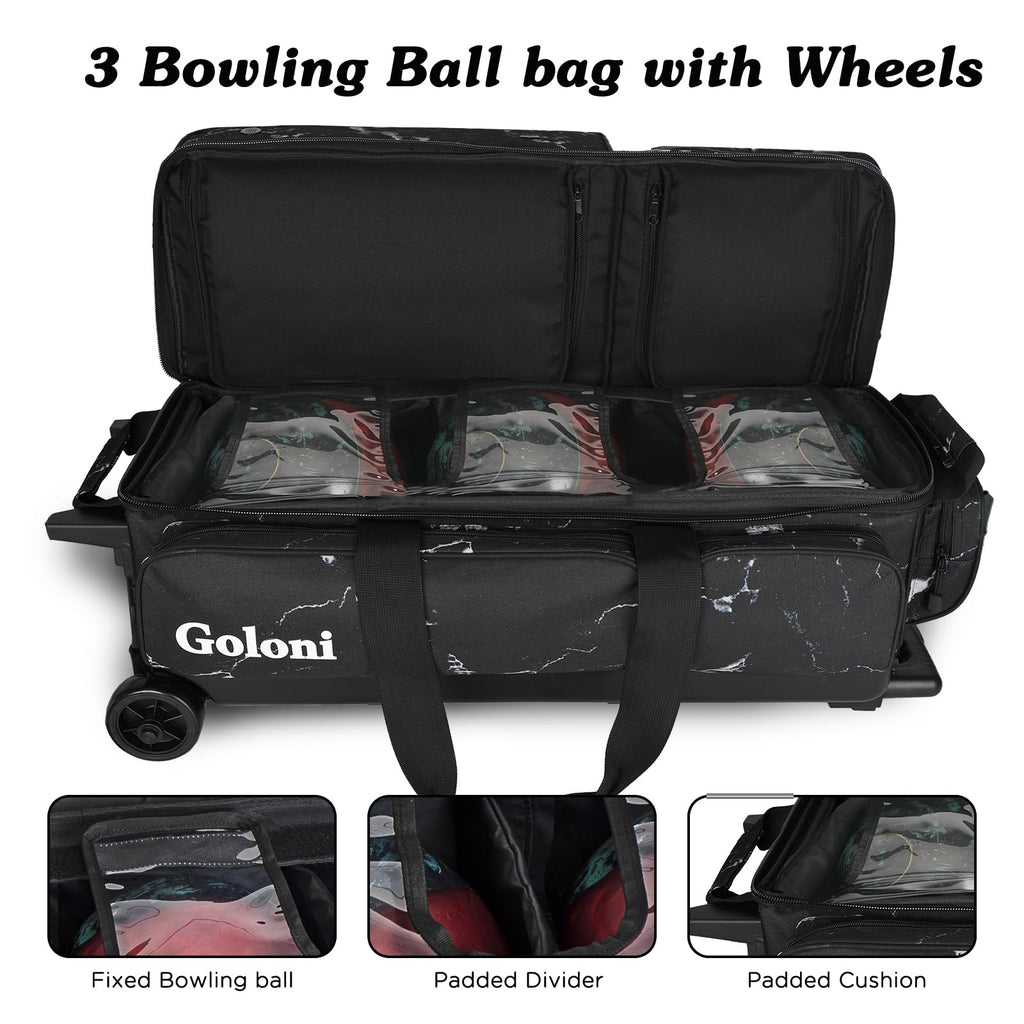 Goloni 3 Ball Bowling Bags with Wheels,Rolling Bowling Ball Bag for 3 Bowling Balls & Bowling Accessories -Retractable Handle Extends to 38"
