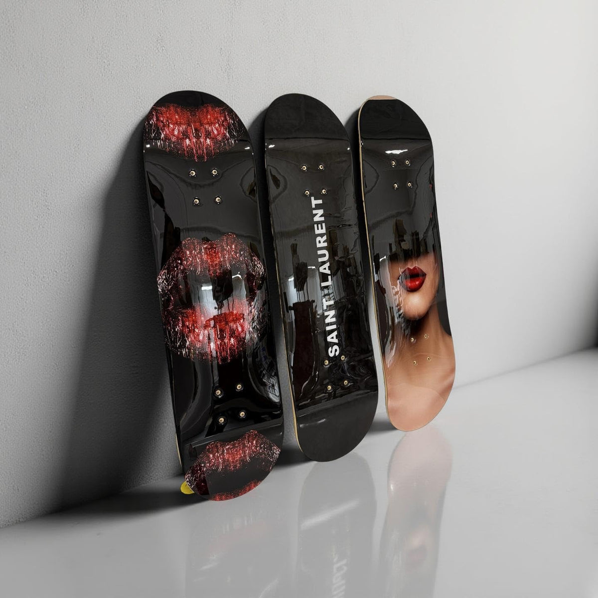 BDTrims 3 Pack Designer-Influenced Pop Art Skateboard Deck Set, Black White and Leopard Print, Premium 7-Ply Maple, Wall Decor, Customization Available