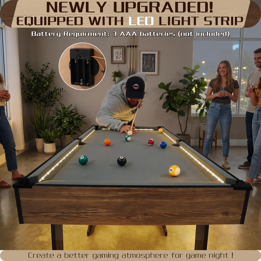 RAYKEEP 4.5FT Folding Pool Table with LED Lights, Portable Billiard Table with Built-in Cue & Ball Storage, Indoor Compact Game Table for Adults & Kids Home, Game Room, Includes Full Accessories