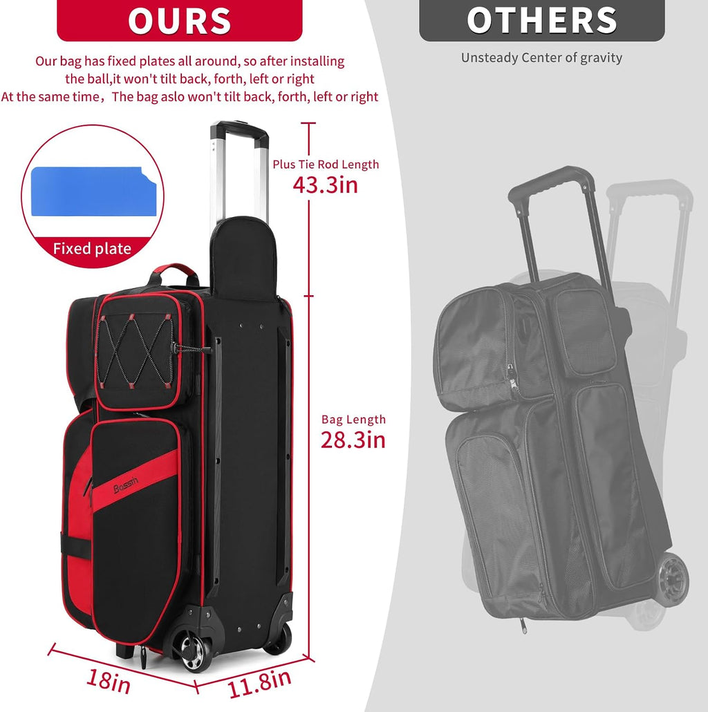 BOSSTIN 3 Ball Bowling Bags with Wheels, Secure Adhesive Fixed Ball Cup & Shoe Compartment, Bowling Ball Bag 3 Ball Roller with Multi-Pockets