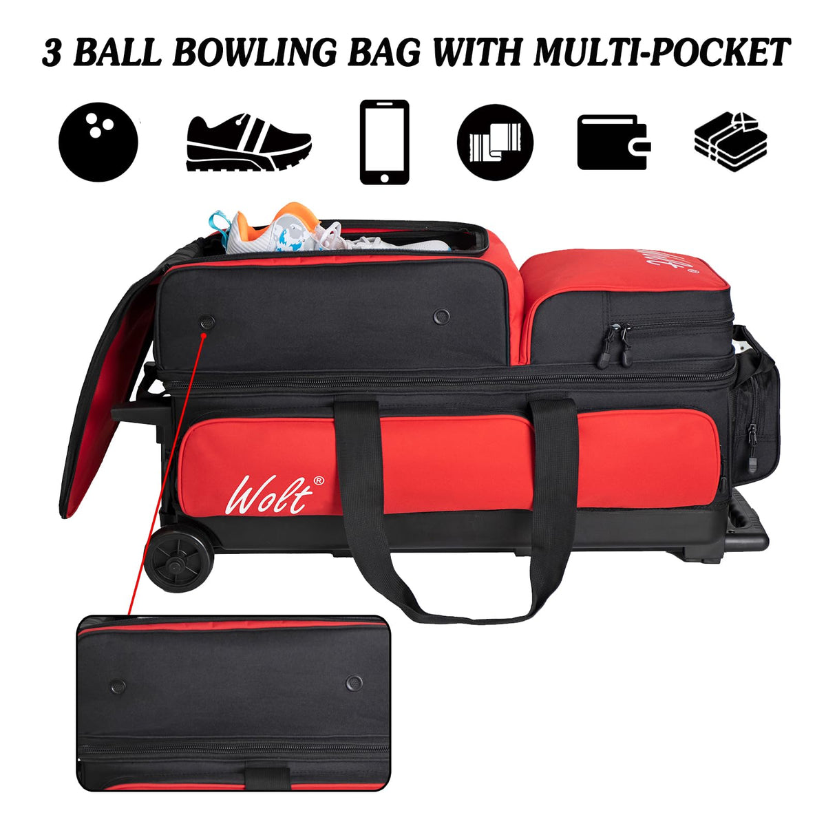 WOLT 3 Ball Bowling Bags with Wheels,Retractable Handle Extends to 38ââ