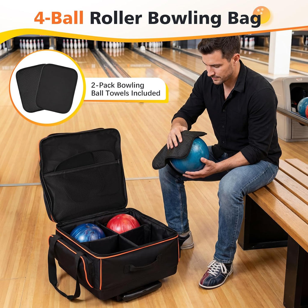 PENGDA 4 Ball Bowling Bag With Wheels, Integrated Single-Chamber 4-Ball System, 900D Reinforced Oxford Bowling Ball Bag, Telescopic Handle Roller Tote Storage Bag for Bowling Accessories and shoes