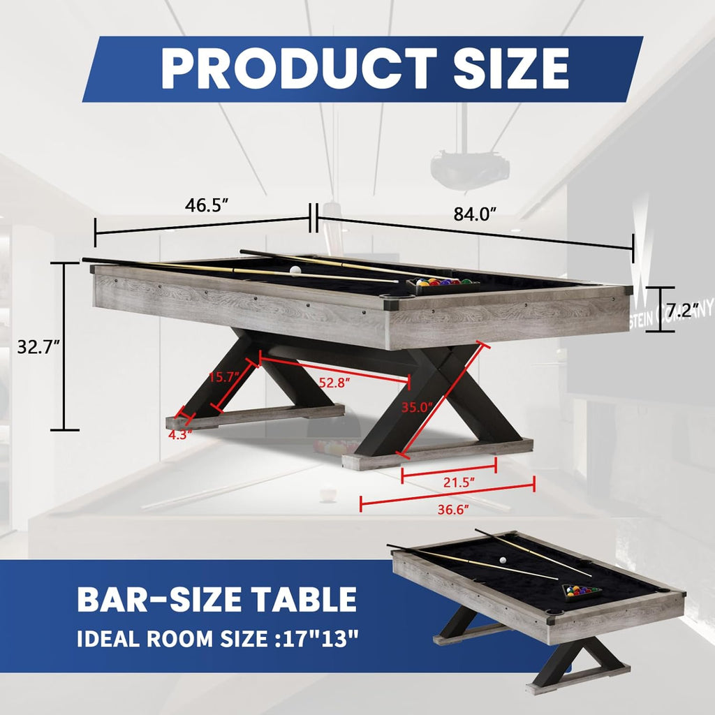 84" Rustic Grey Pool Table with X-Shaped Legs and Black Cloth â Includes Billiard Balls, Cues, and Accessories for Game Room & Home Entertainment (Grey Finish)