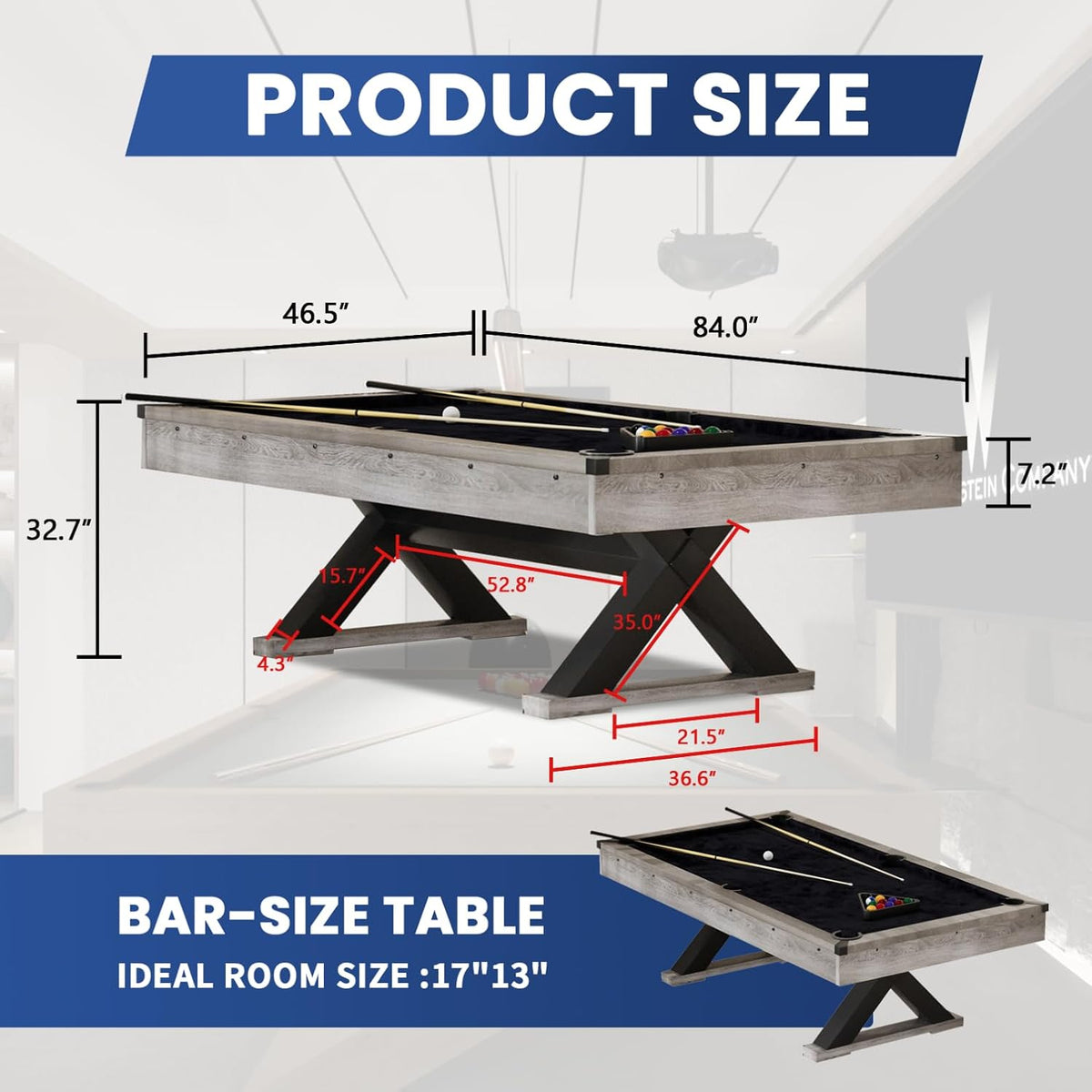 84" Rustic Grey Pool Table with X-Shaped Legs and Black Cloth â Includes Billiard Balls, Cues, and Accessories for Game Room & Home Entertainment (Grey Finish)