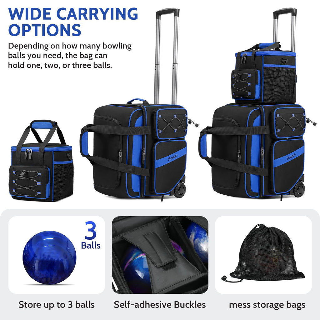 BOSSTIN 3 Ball Bowling Bag with Wheels, 2 Ball Roller with Add-on Tote