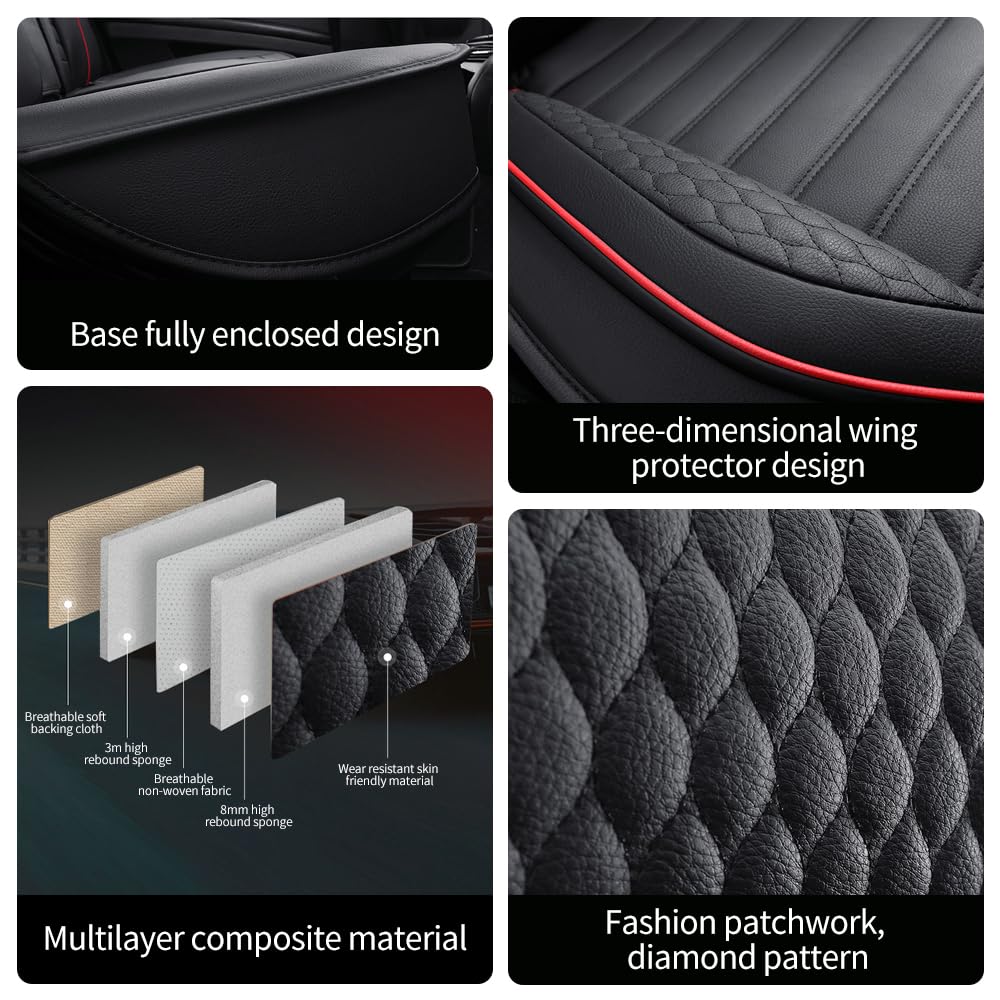 Leather Car Seat Covers for Chevrolet Avalanche 2002-2013,Car Seat Covers Full Set,Seat Covers with Safety,Waterproof Seat Cover Compatible Airbag(5pcs Black&Red Bars Luxury)
