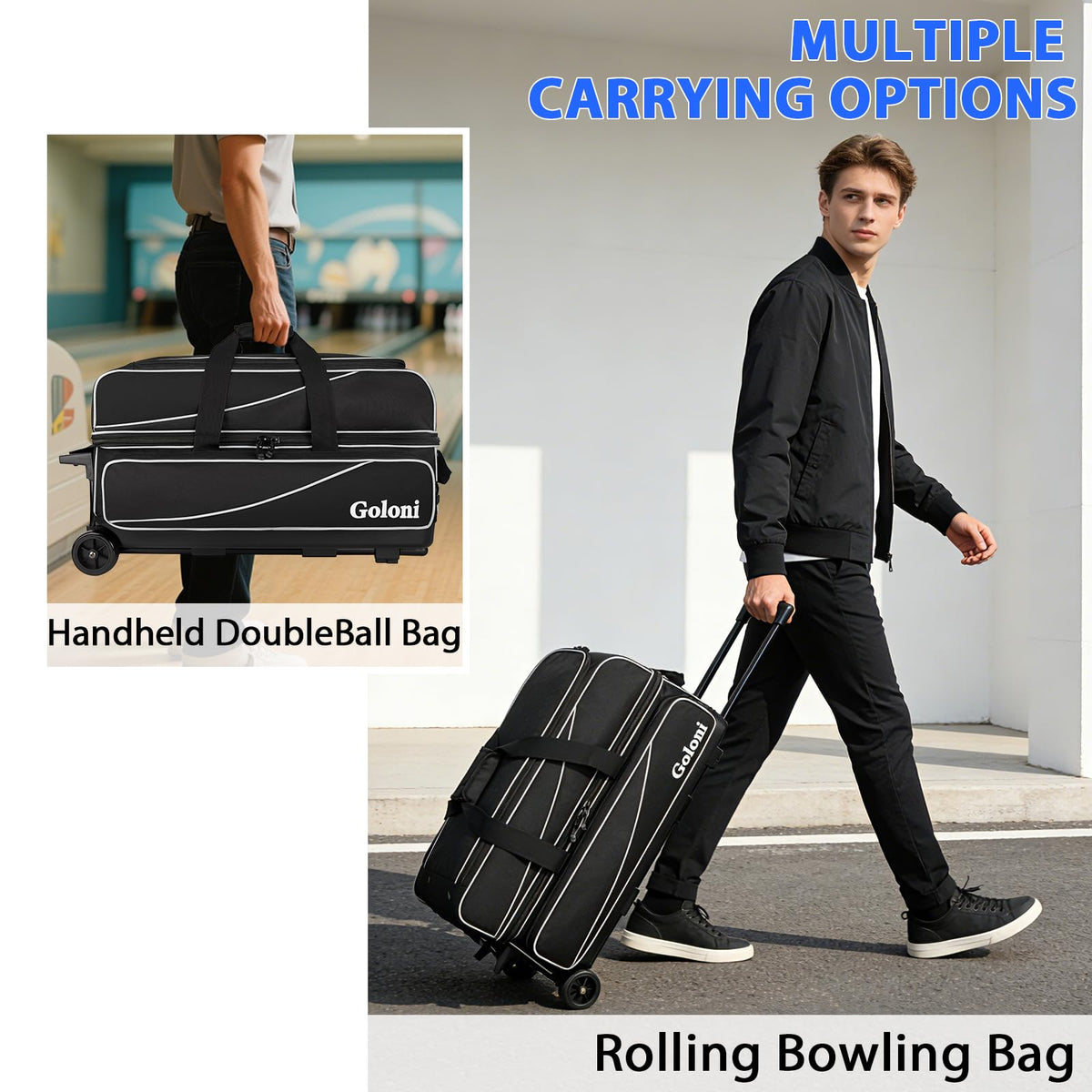 Goloni 3 Ball Bowling Bag with Wheels, Rolling Bowling Roller Bag with Retractable Handle for Balls & Bowling Accessories