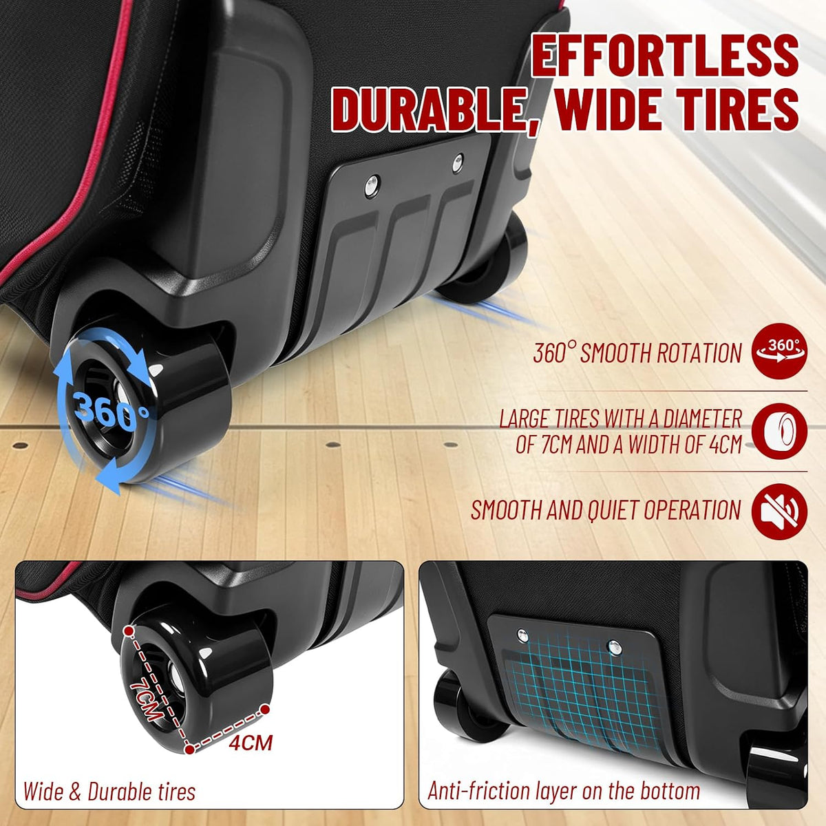 3 Ball Bowling Bag with Wheels,Bowling Bag 2 Ball Roller +1 Ball Tote,Large Sturdy Wheels,Dry & Wet Separation Shoe Compartment,1680D Waterproof Oxford,Retractable Handle,Includes Bowling Ball Towel