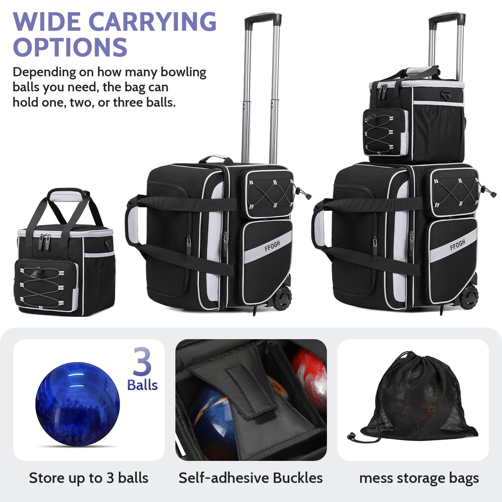 3-4 Ball Bowling Bag with Wheels, Bowling Roller with Add-on Tote Set