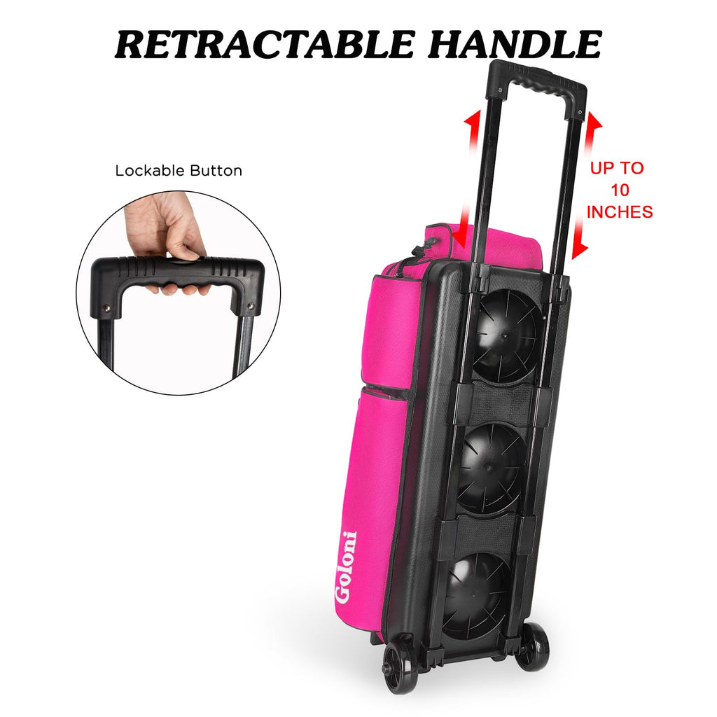 Goloni 3 Ball Bowling Bags with Wheels,Rolling Bowling Ball Bag for 3 Bowling Balls & Bowling Accessories -Retractable Handle Extends to 38"