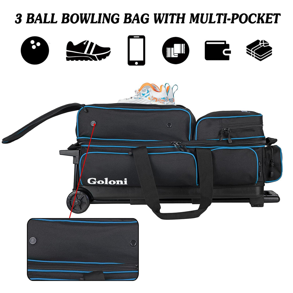 Goloni 3 Ball Bowling Bags with Wheels,Rolling Bowling Ball Bag for 3 Bowling Balls & Bowling Accessories -Retractable Handle Extends to 38"