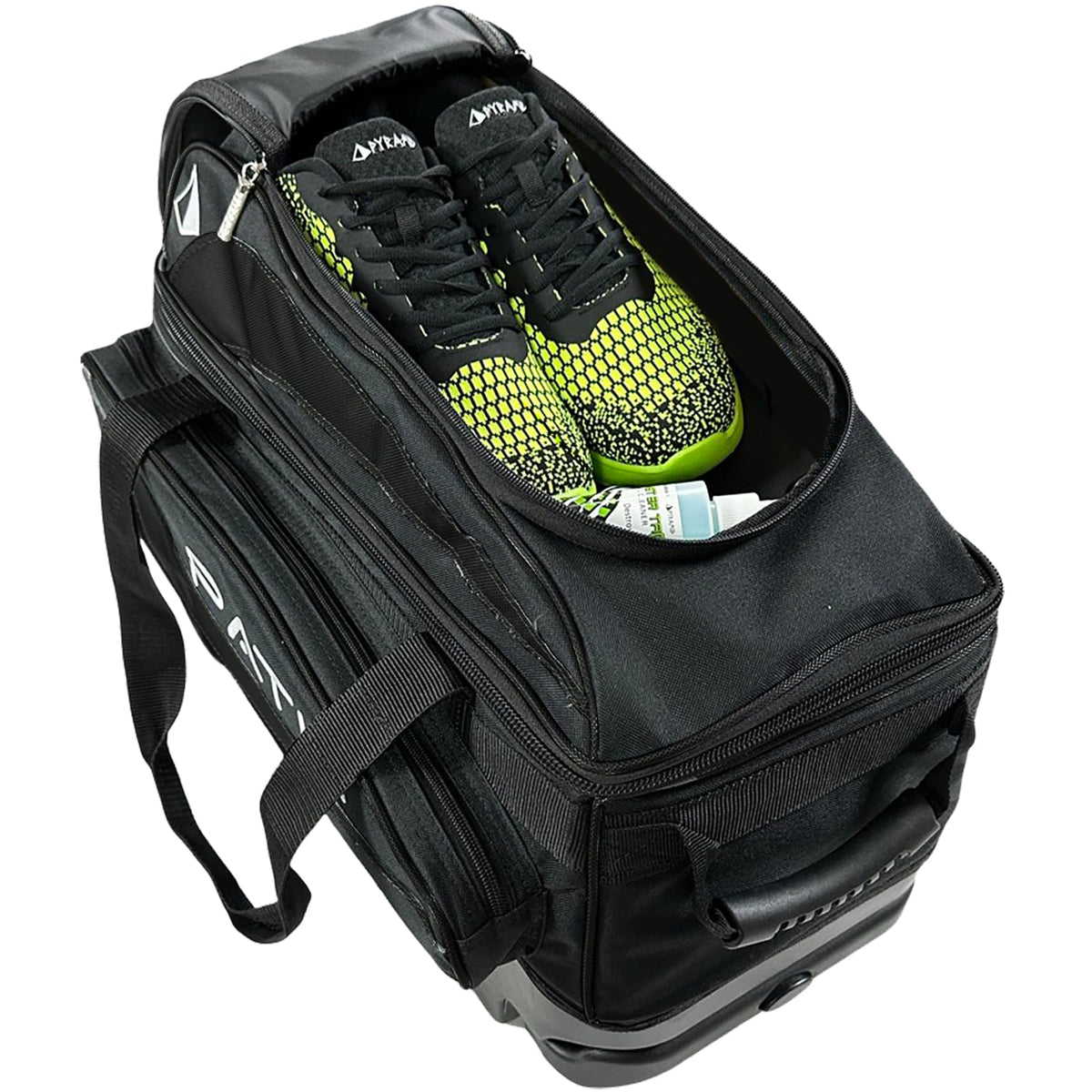 Pyramid Path Premium Deluxe 2 Ball Double Roller Bowling Bag With Large Separate Shoe Compartment (Up To US Mens Size 15) and Oversized Accessory Pocket, Retractable Locking Handle - Extends to 37"