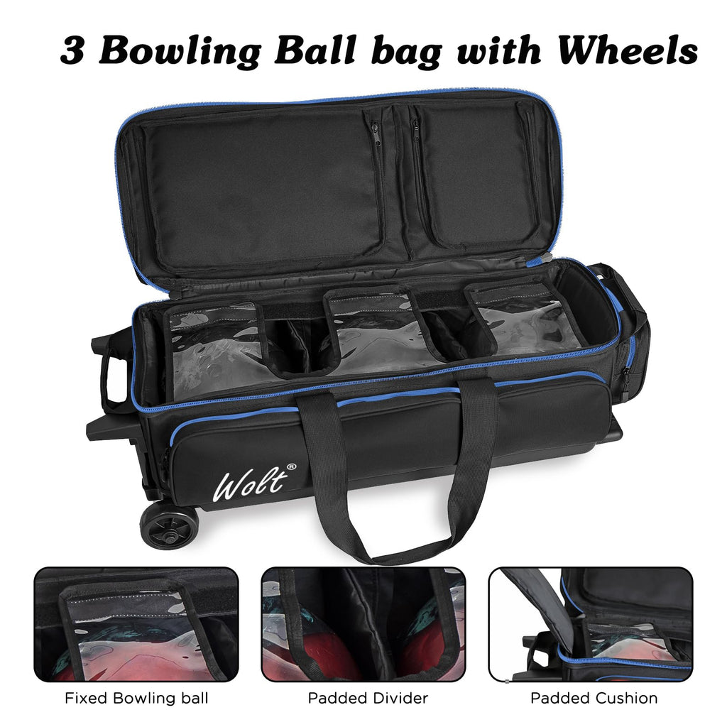 WOLT 3 Ball Bowling Bags with Wheels,Retractable Handle Extends to 38ââ