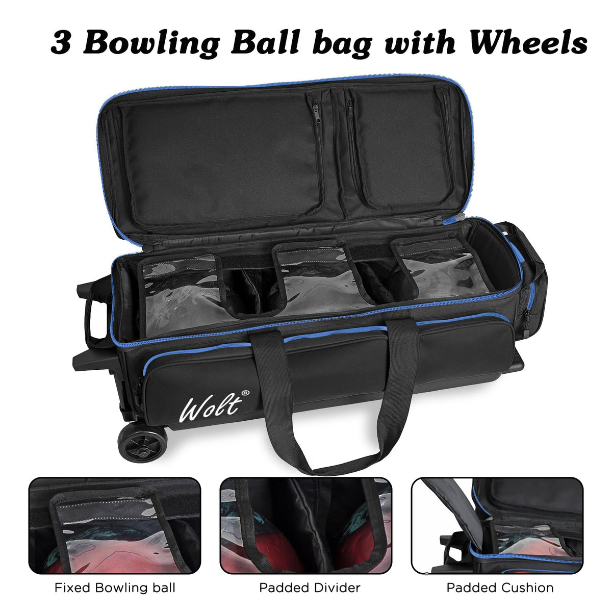 WOLT 3 Ball Bowling Bags with Wheels,Retractable Handle Extends to 38ââ