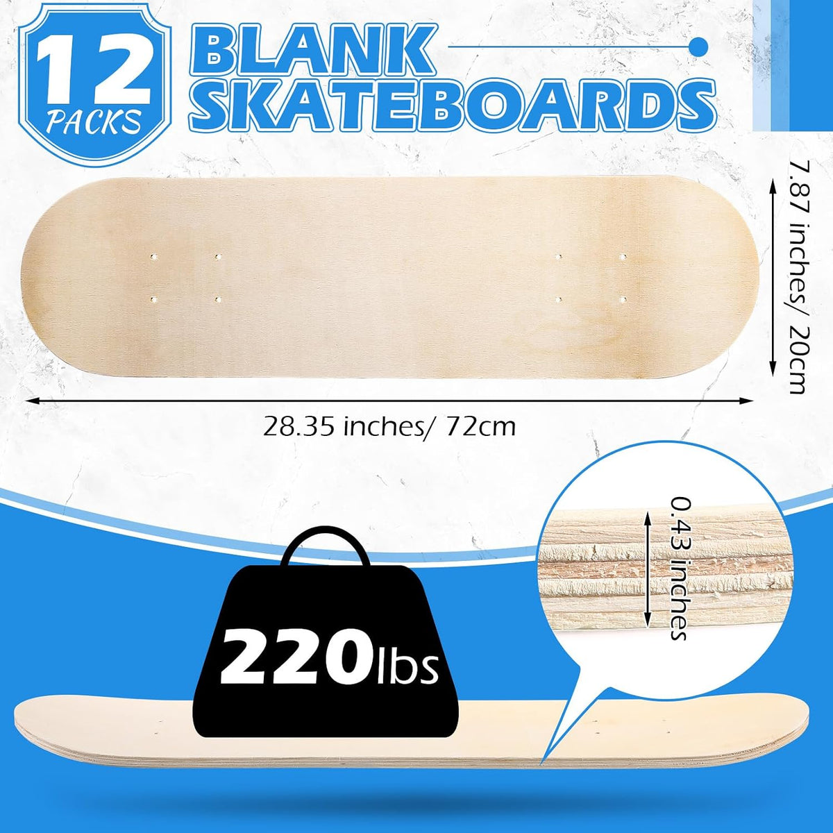 Honoson 12 Pack Blank Skateboard Decks Bulk for Painting 28 x 8 Inch 7-Layer Maple Double Tail Plain Skateboard Decks for Replacement and Art Painting Home Decoration